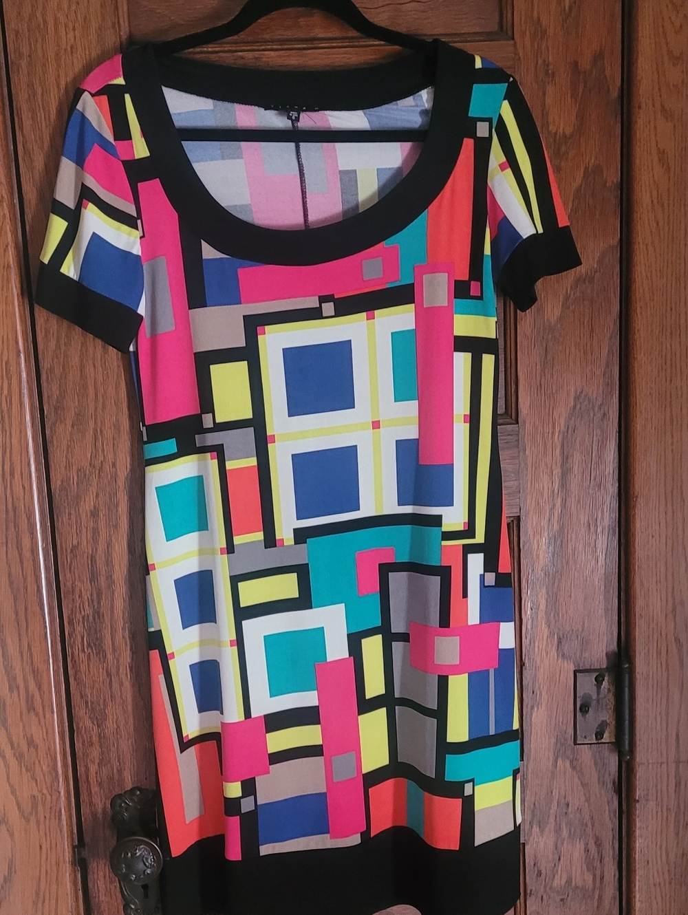 Tiana B. Black Trim Pink & White Geometric Dress
